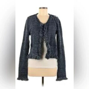Chelsea & Theodore Womens Blue Fringe Trim Open Front Cardigan Sweater.